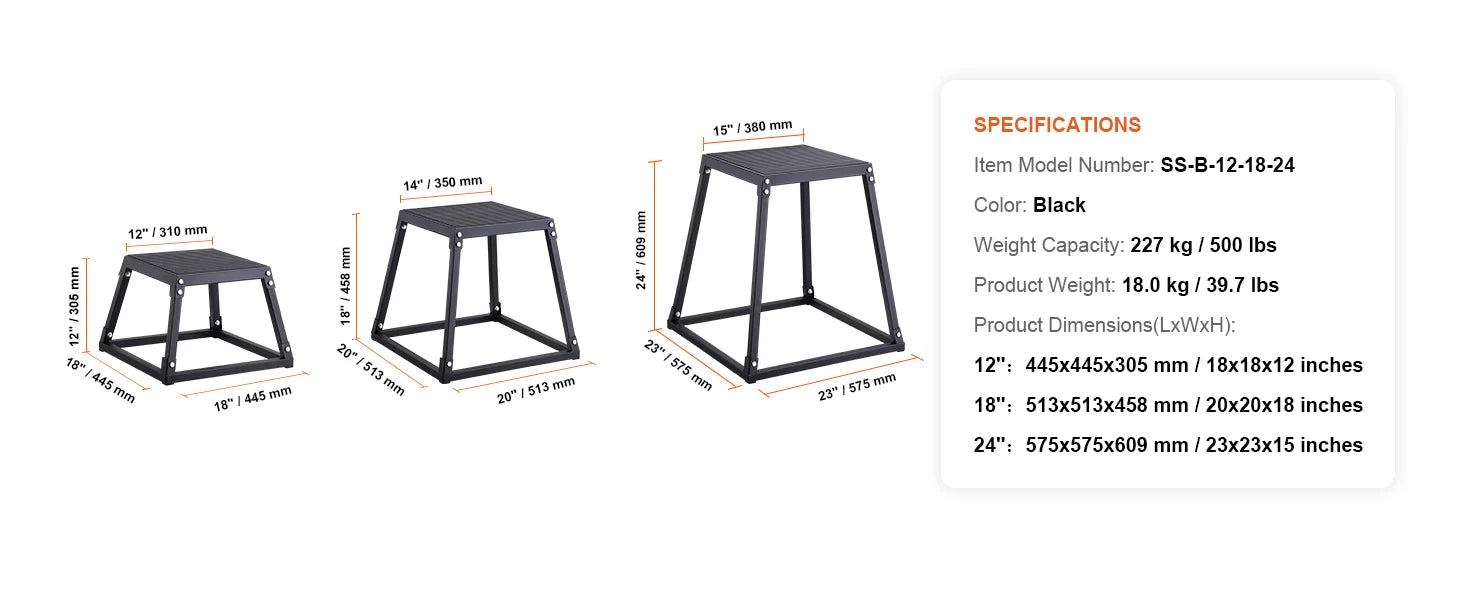 Set di 3 Box Plyometrici per Salti 12/18/24 Pollici con Piattaforma in Acciaio Antiscivolo