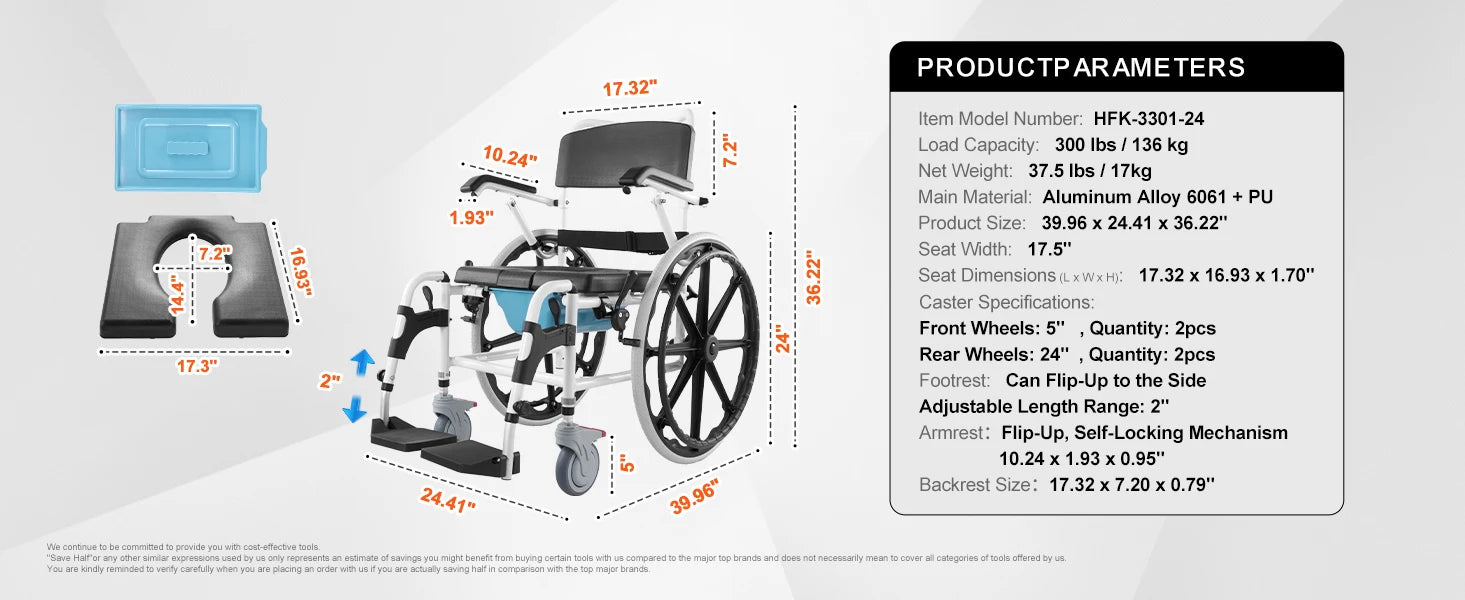 SucceBuy Shower Wheelchair 17.5in Bathroom Wheelchair for Inside Shower Adjustable Rolling Shower Chair for Disabled Adult