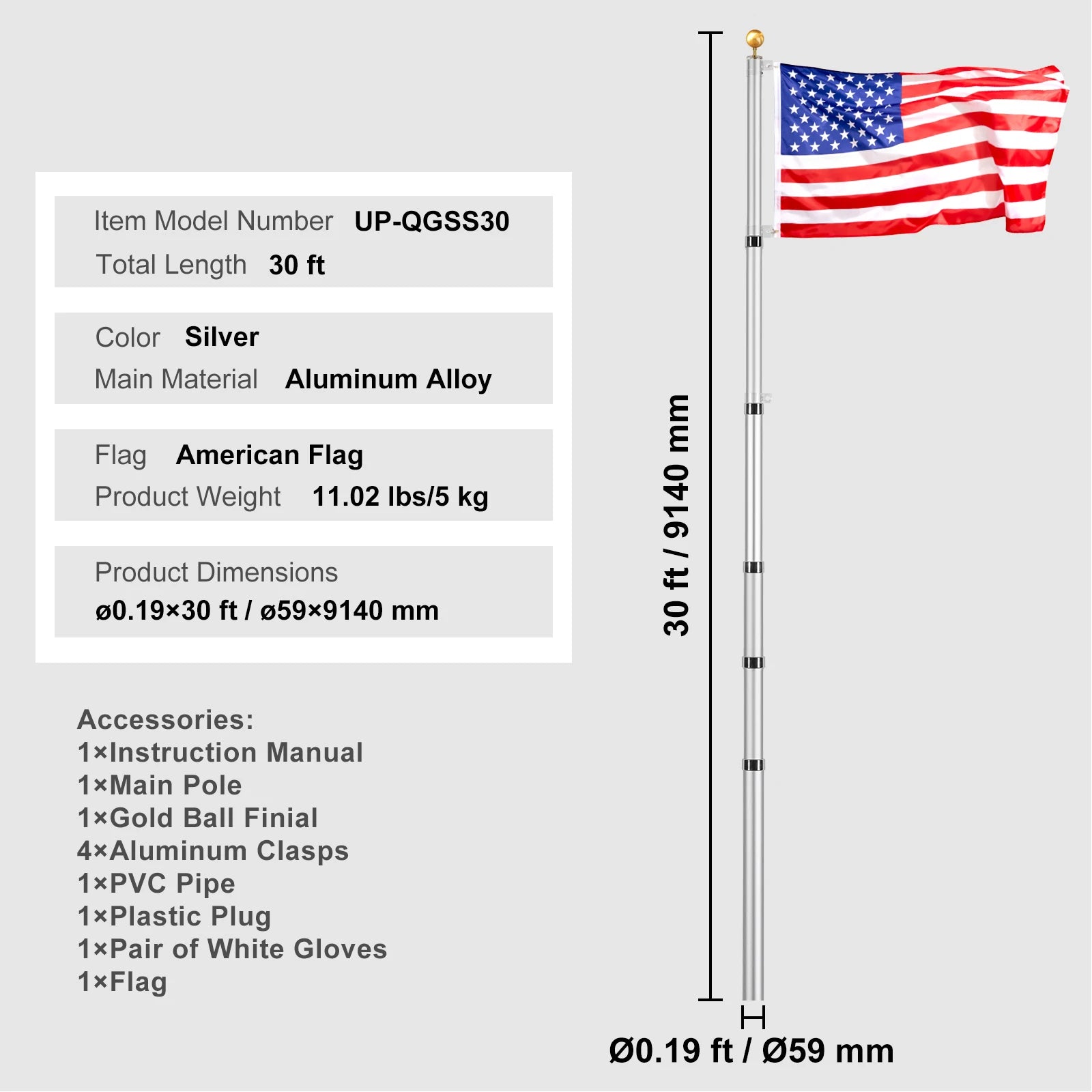 16/20/25/30ft In-Ground Aluminum Flag Pole Kit with Flag