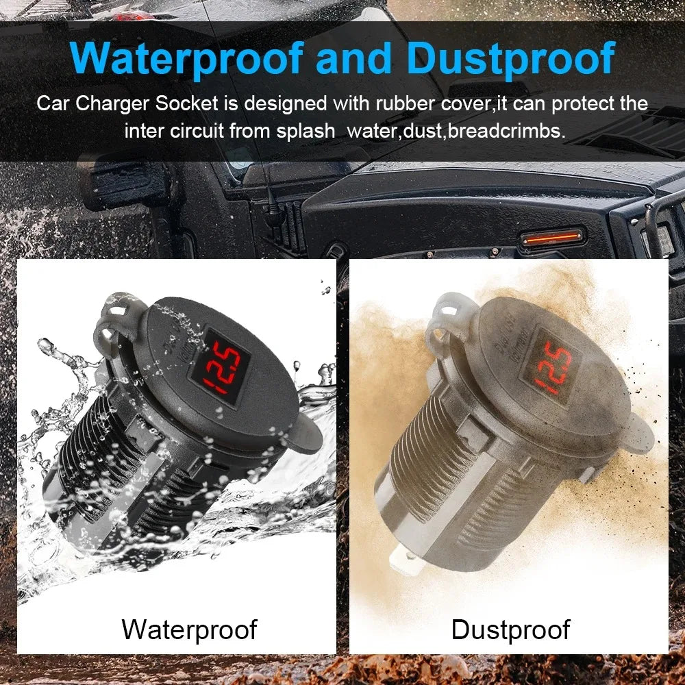 USB Charger Socket Dual QC 3.0 For Car Motorcycle With Voltmeter Car Charger Power Socket Waterproof for 12V/24V Car Boat