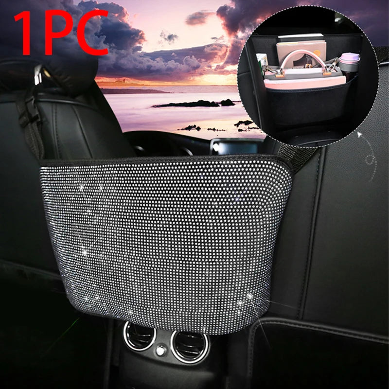 SEAMETAL Bling Center Console Organizer Shiny White Rhinestone Car Storage Bag for Lady Crystal Diamond Auto Handbag Holder