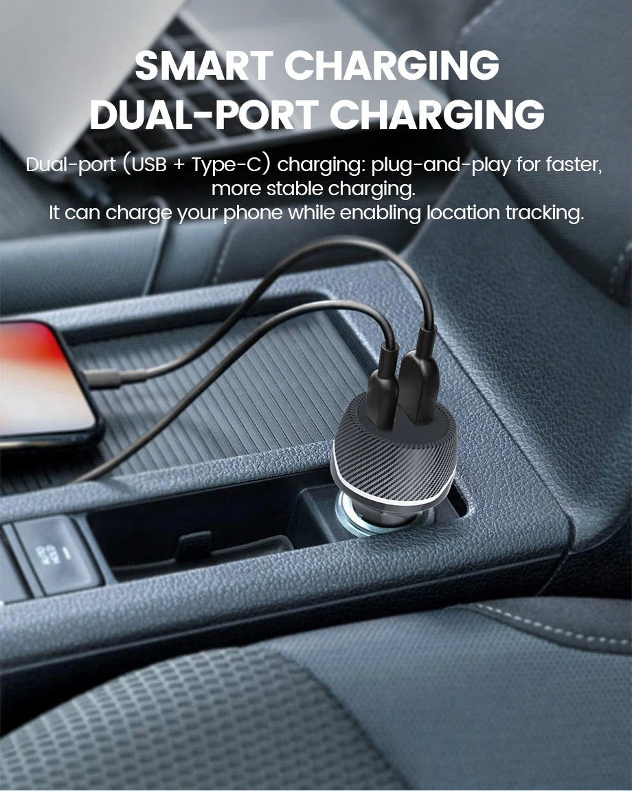 2in1 Car Charger GPS Tracker, USB Type-C Phone Fast Charging with Find My App for iOS & Android Google Find My