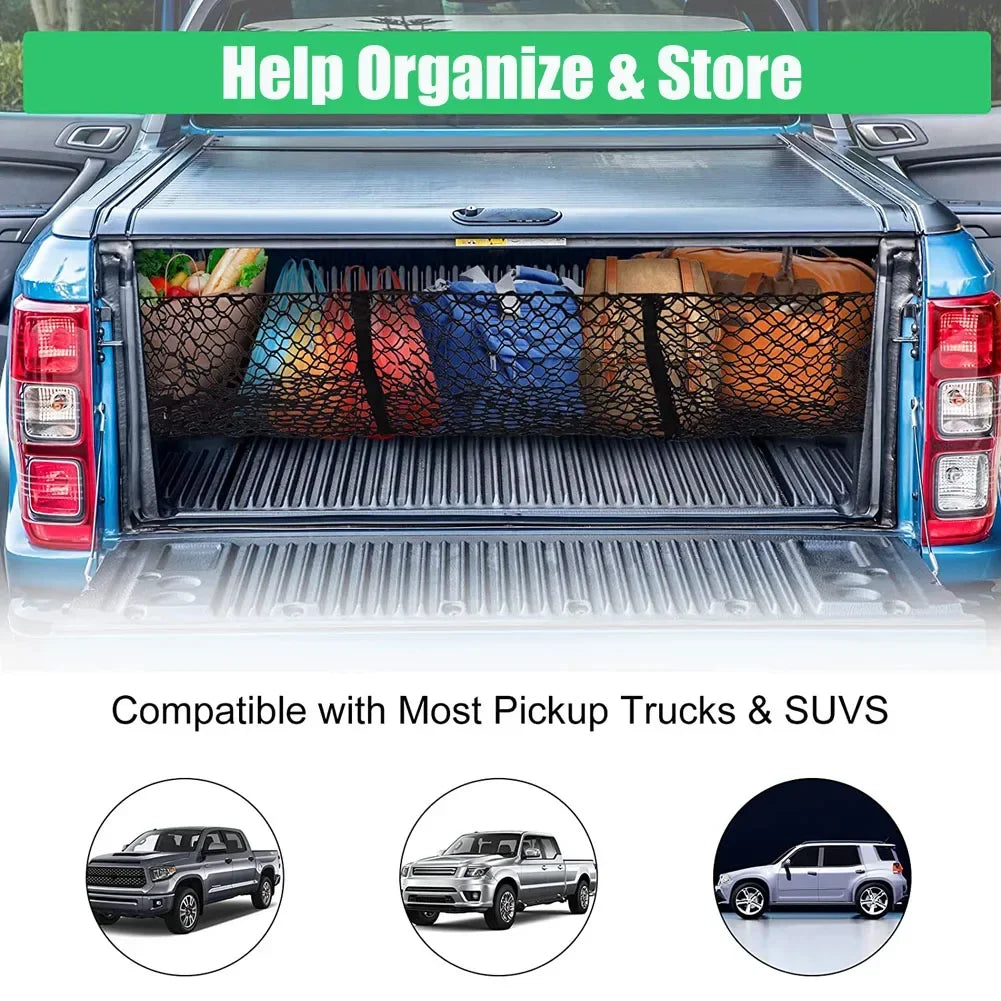 3 Pockets Cargo Net Stretchy Trunk Storage Organizer Net Heavy-Duty Luggage Holder with Mount Kit For SUV Pickup Truck Van