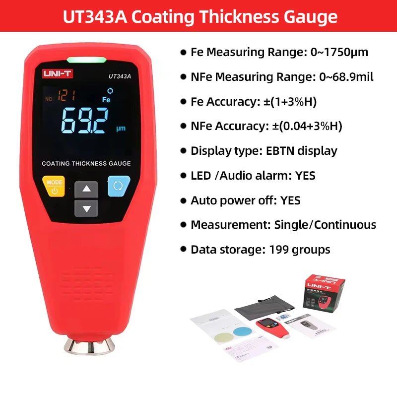 UNI-T UT343D Coating Thickness Gauge 0.1 Micron/0-1250um Automotive Paint Film Thickness Tester To Measure FE/NFE Paint Tools