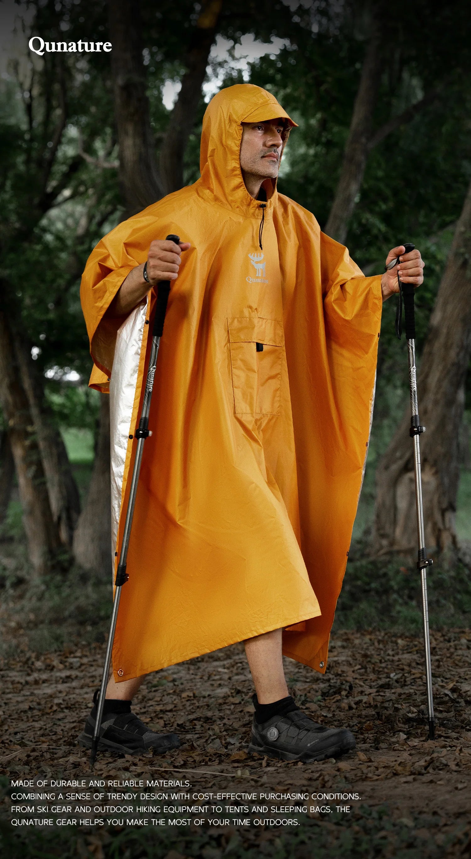 Capa de Chuva Qunature 100% Impermeável Casaco Longo de Chuva Leve Capa Dobrável para Caminhadas Toldo de Pesca Roupa de Chuva 3 em 1