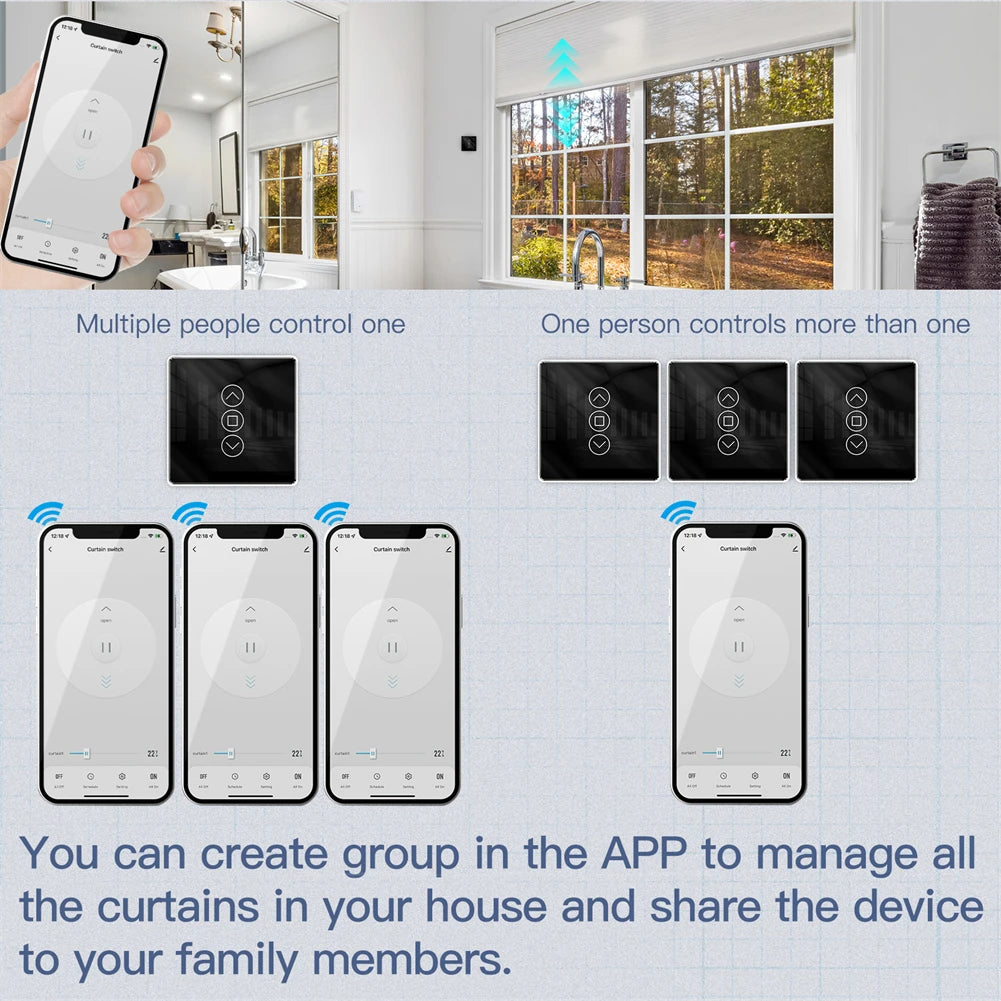 MOES WiFi RF433 Smart 2.5D Arc Glass Touch Curtain Switch for Roller Blinds Shutters Smart Life/Tuya APP Works Alexa Google Home