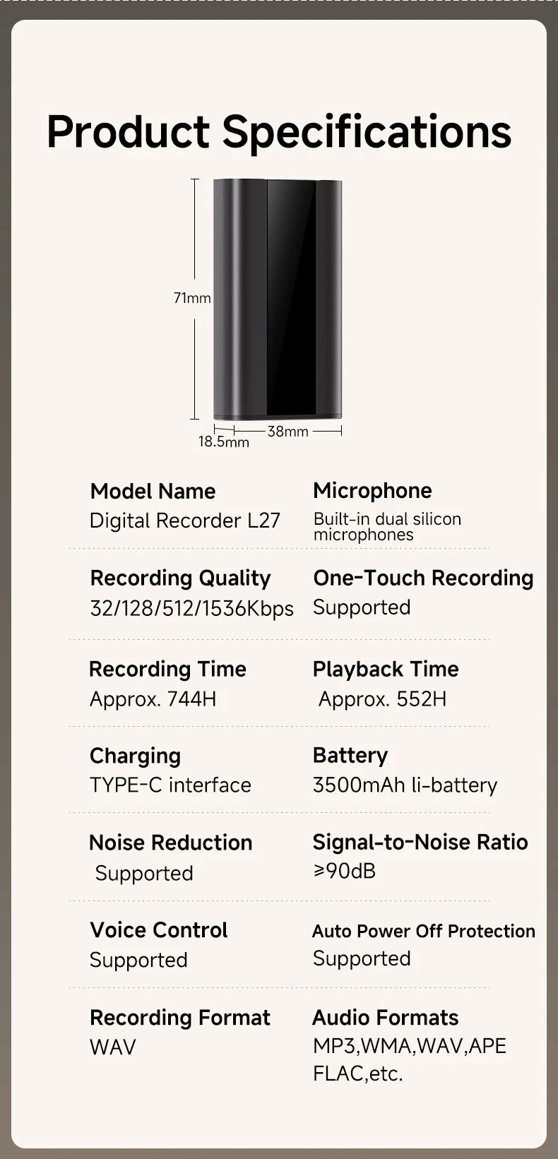 Magnetisk röstinspelare 64GB 760H Brusreducering Kompakt