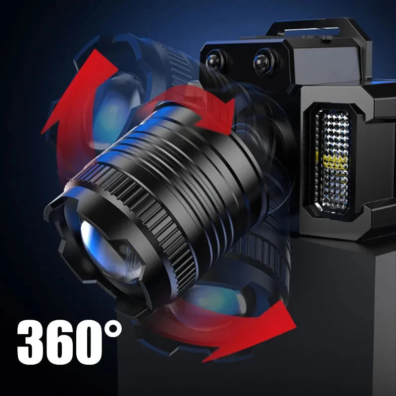 Lampe frontale rechargeable à LED avec lumière frontale et latérale