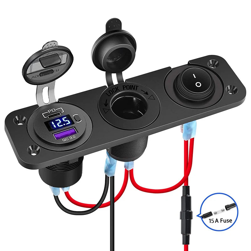 Разклонител за запалка 12V/24V с USB-C, волтметър и ключ