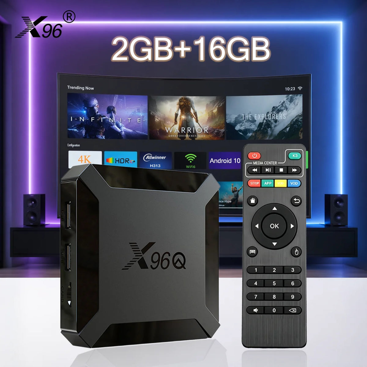 X96Q Smart TV Box Allwinner H313 Android 10.0 TV Box 2GB RAM 16GB ROM 4K 60fps H.265 HEVC Media Player 2.4G WiFi 1000M LAN USB Media Streaming Set Top Box