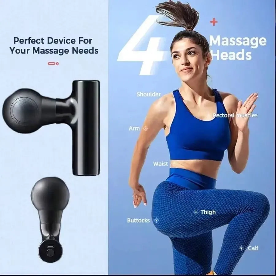 Compact Black Percussion Massage Gun with Four Heads