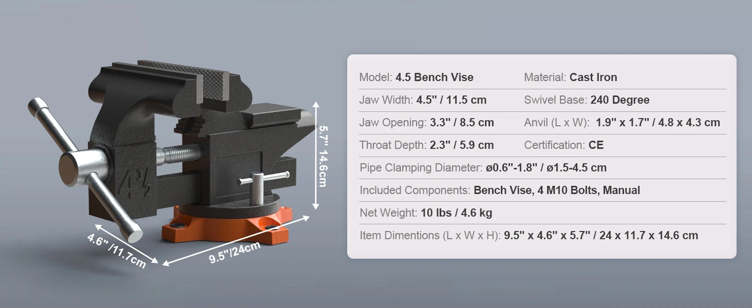 SucceBuy Bench Vise 4.5" 6" 6.5" Multipurpose, Swivel Base & Anvil Heavy Duty Cast Iron for Drilling, Conduit Cutting, Sanding