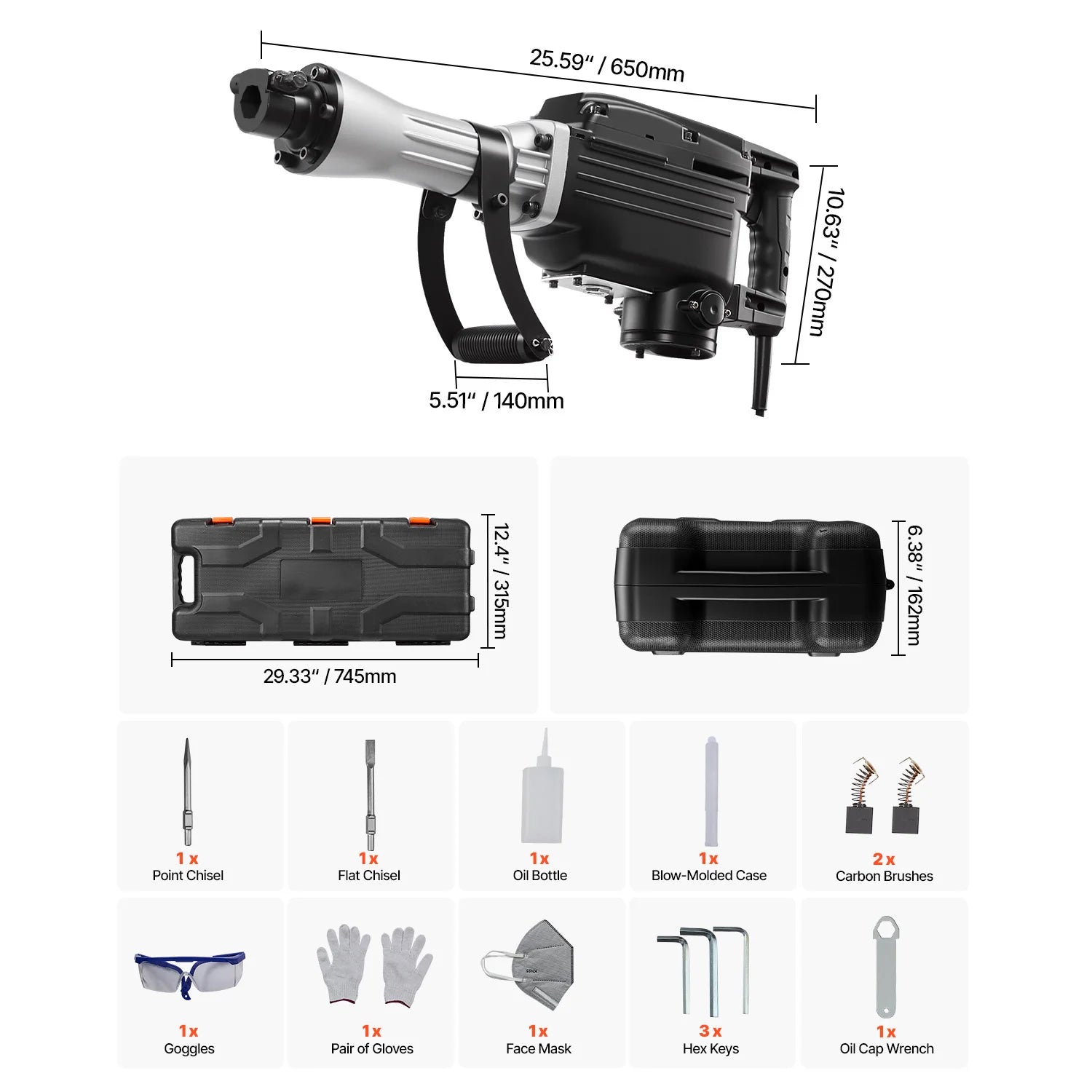 2800W Electric Demolition Jack Hammer 1200 BPM Concrete Breaker Kit