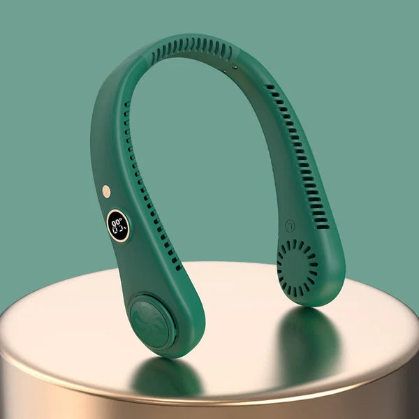 Ventoinha elétrica recarregável com ecrã digital para pendurar ao pescoço, design sem pás, ventoinha de pescoço sem pás, recarregável por USB