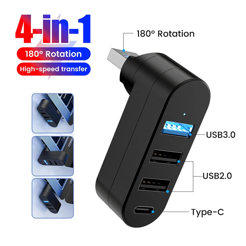 Rotating USB Hub with Three USB-A and One USB-C Port