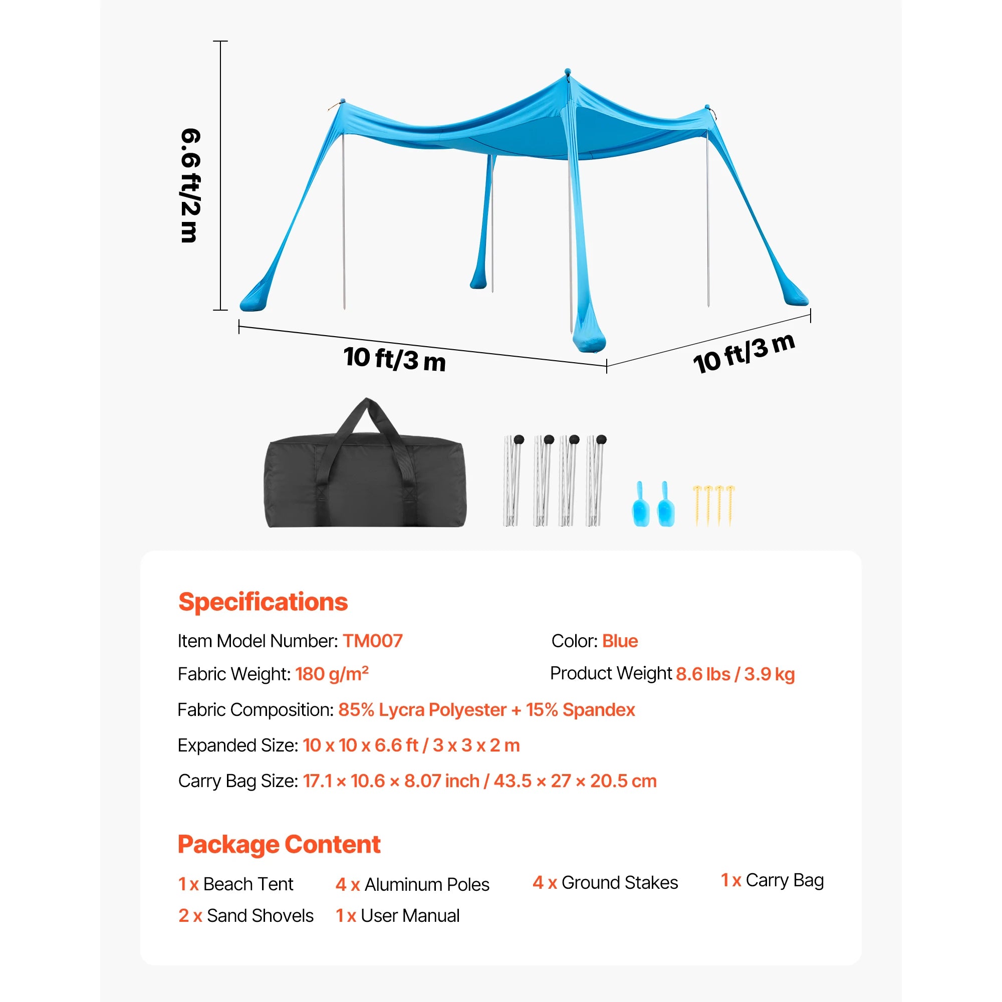 Tente de plage abri solaire UPF50+ auvent pop-up pour 3 à 4 personnes