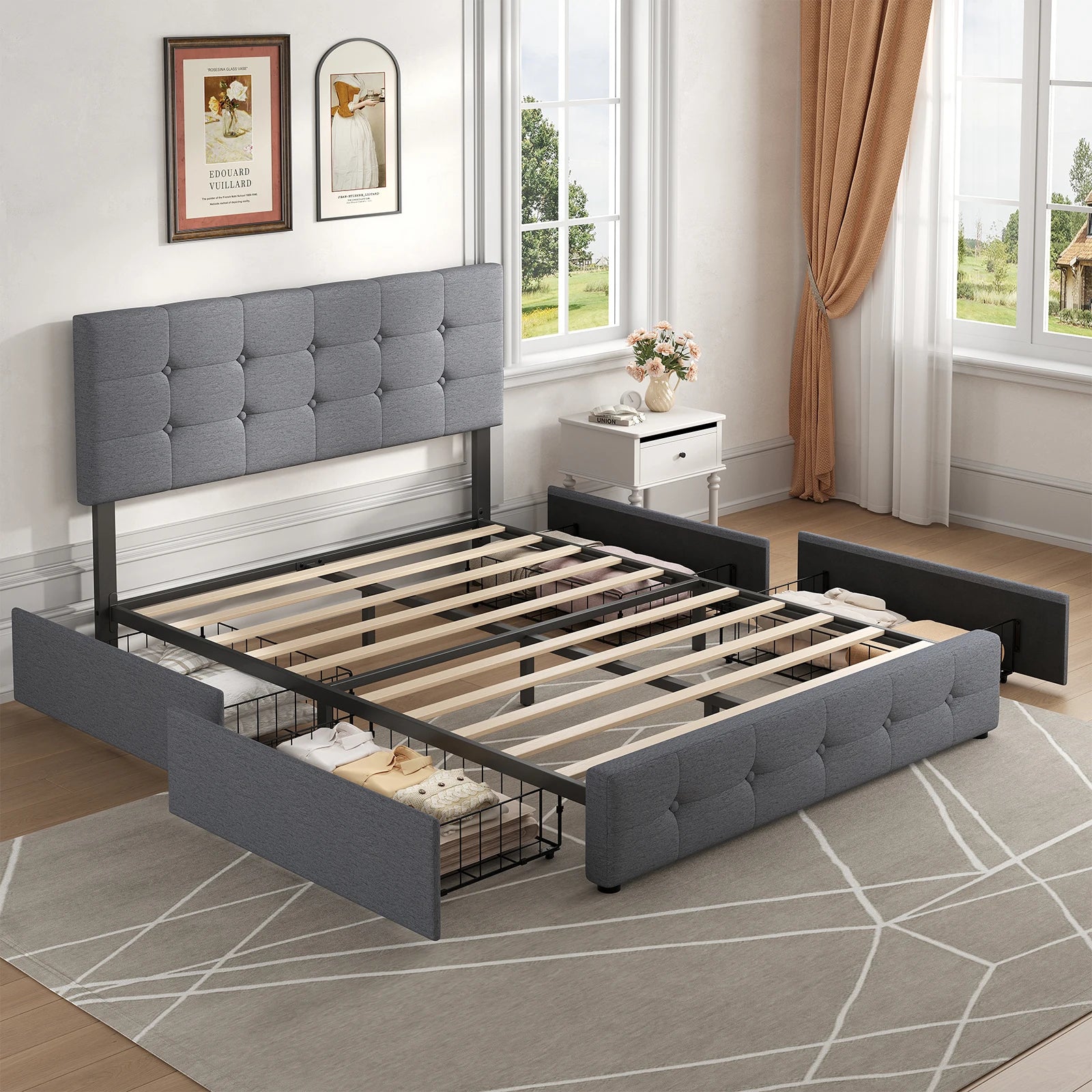 Upholstered Bed Frame with 4 Drawers & Adjustable Headboard