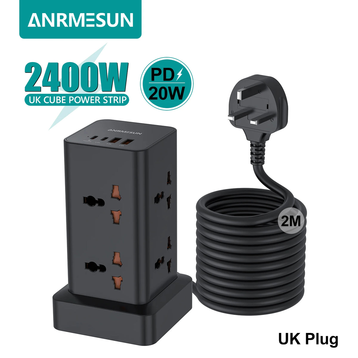 Tower Extension Power Strip with USB-C