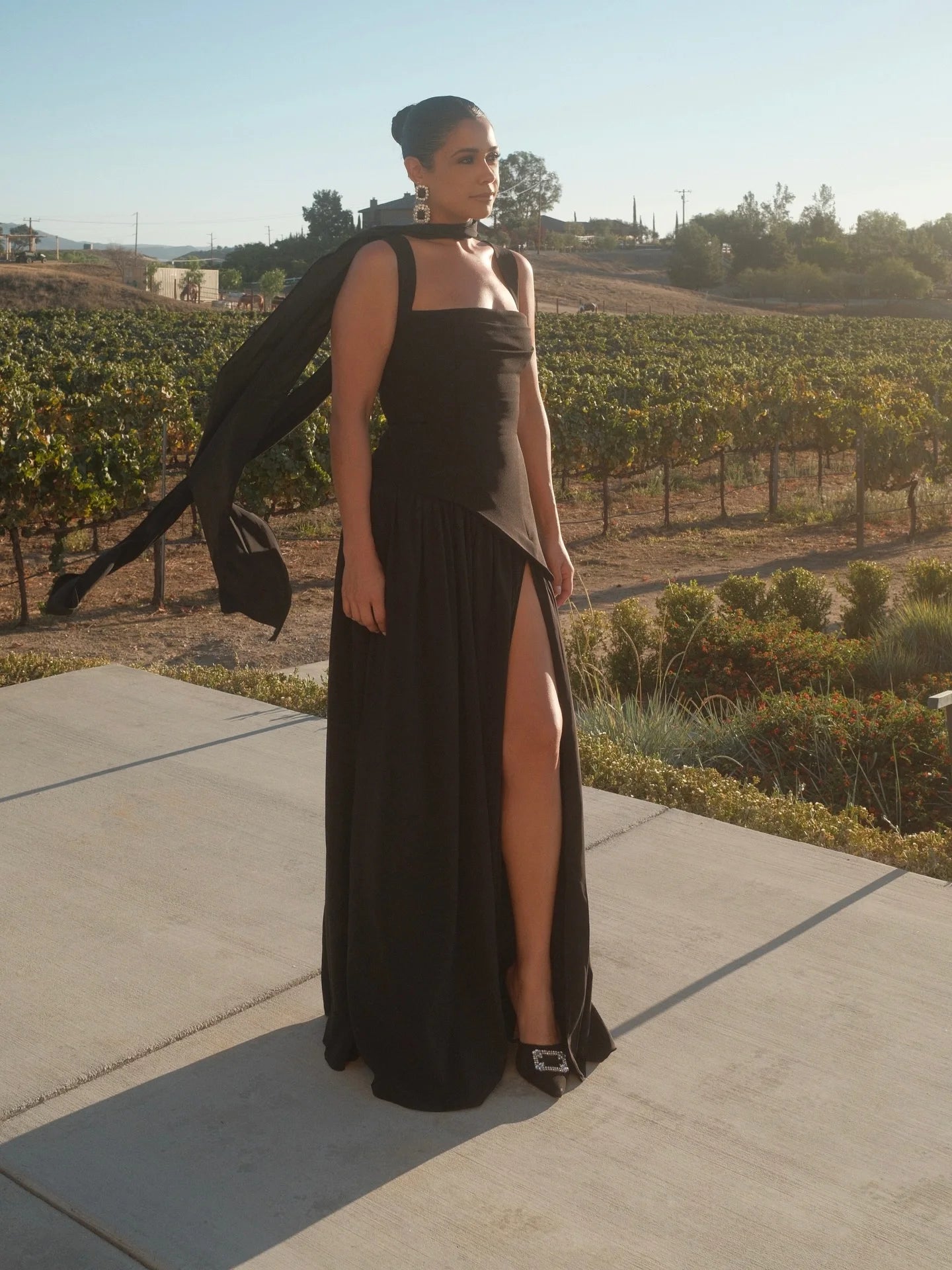Women's Ruched Maxi Dress with Scarf, Spaghetti Strap Slit