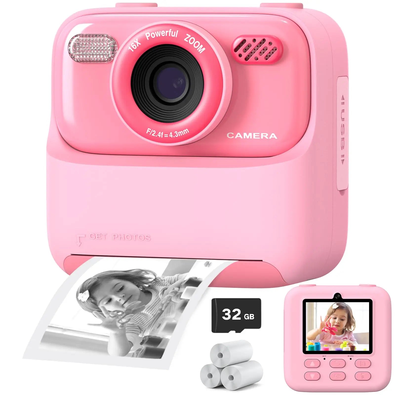 AMORUS Kids Camera Instant 1080P HD Dual Lens Selfie Digital Camera for Girls Boys Christmas Birthday Gifts Toys With 32G Print