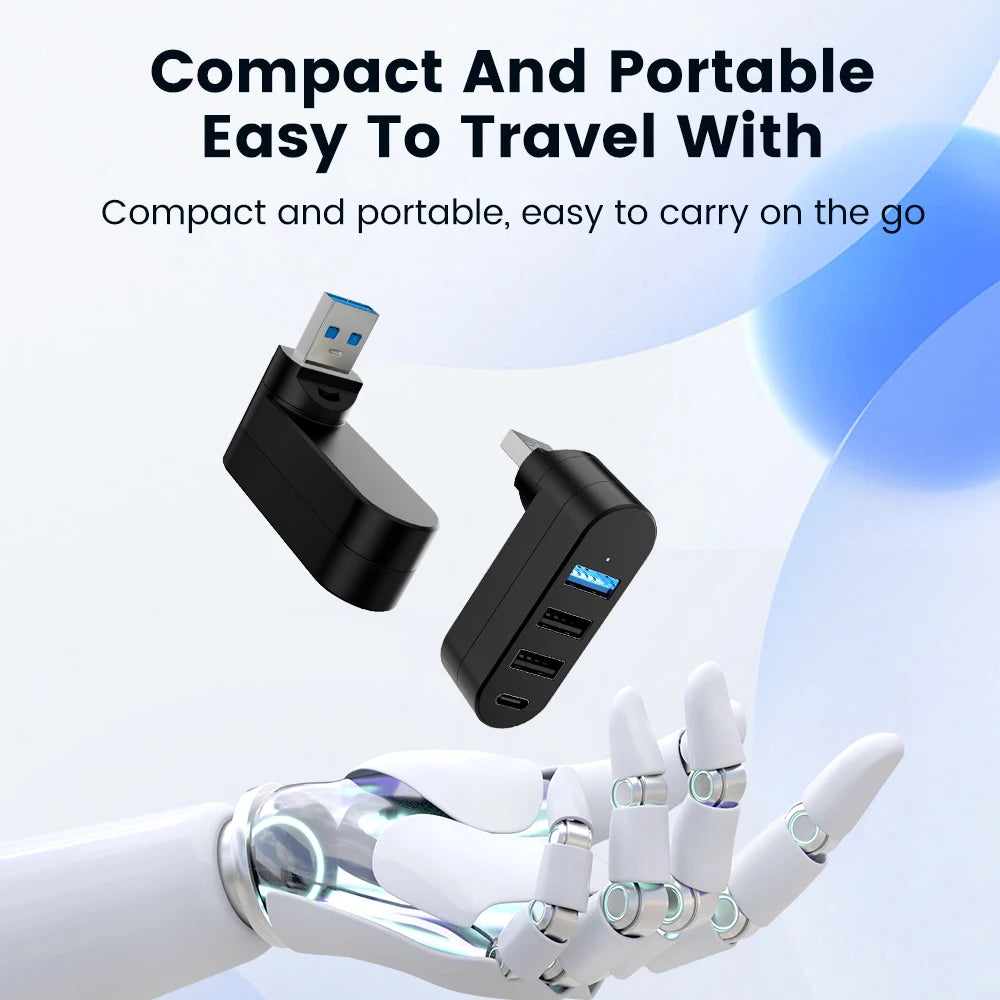 Hub USB rotativo com três portas USB-A e uma porta USB-C