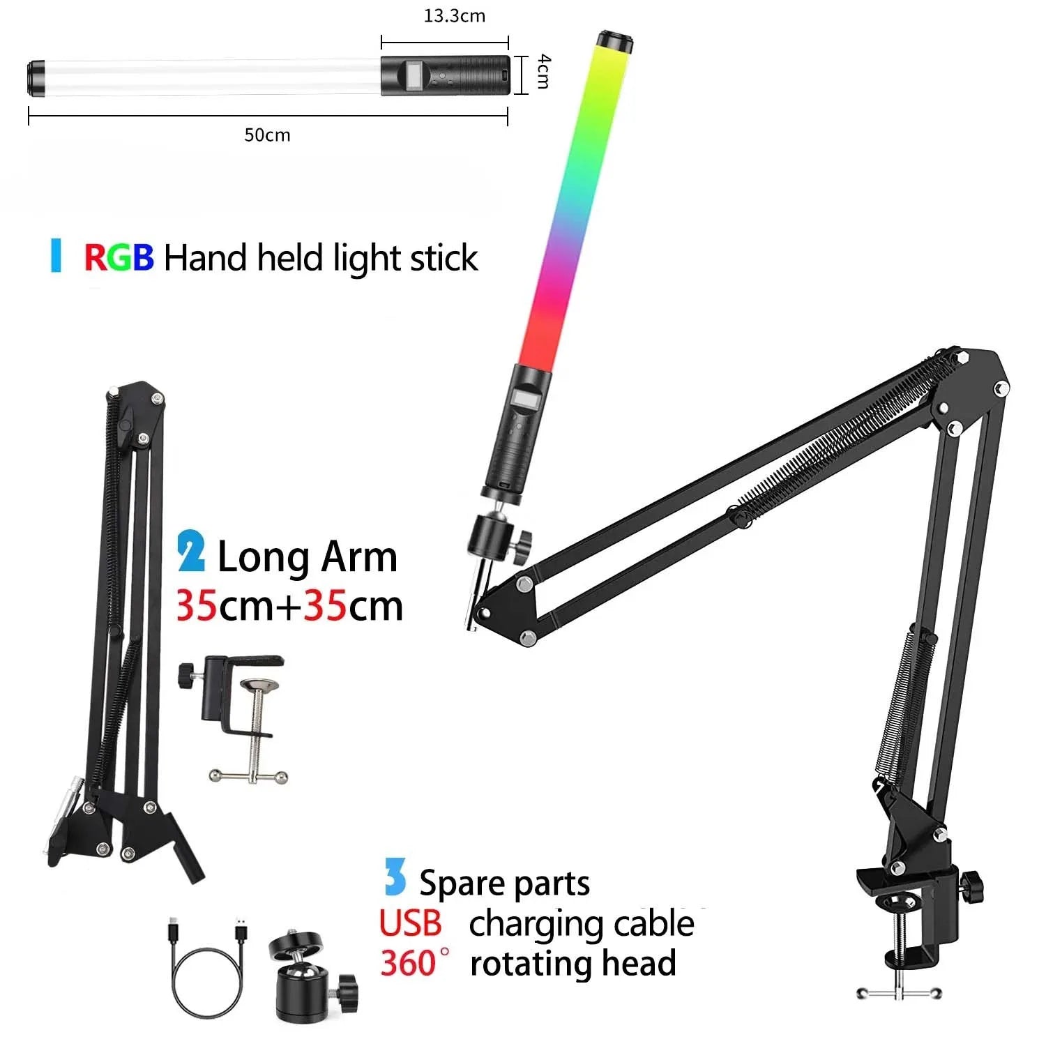 20"50cm Handheld Light Wand RGB LED Video Light Tube Light Photography Light Stick With Dimming Rechargeable Battery With Tripod