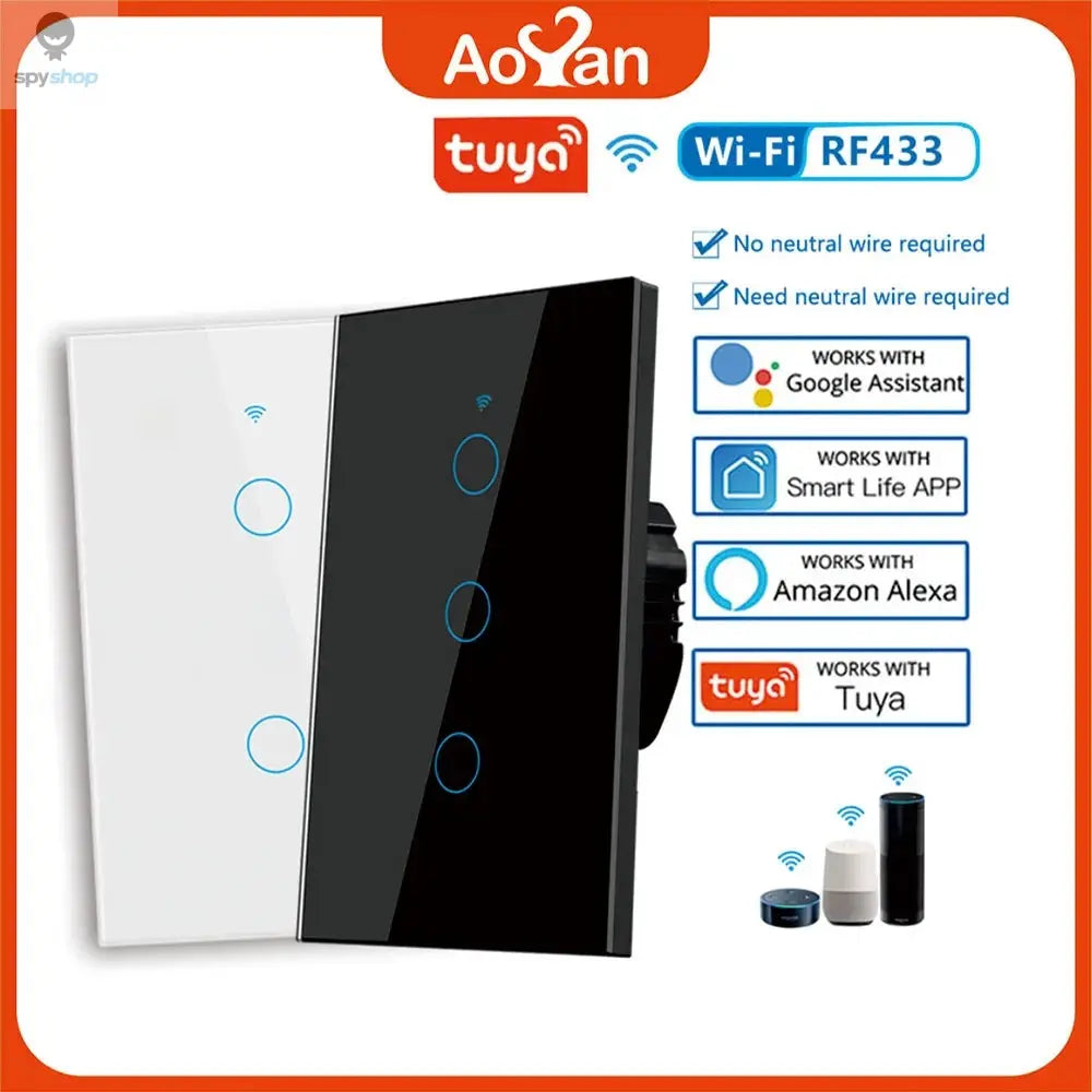 Tuya US WiFi Smart Wall Switch RF433 1/2/3/4 Gang No Neutral Wire Touch Sensor LED Light Switches Smart Home Alexa Google Home Spy-shop.com