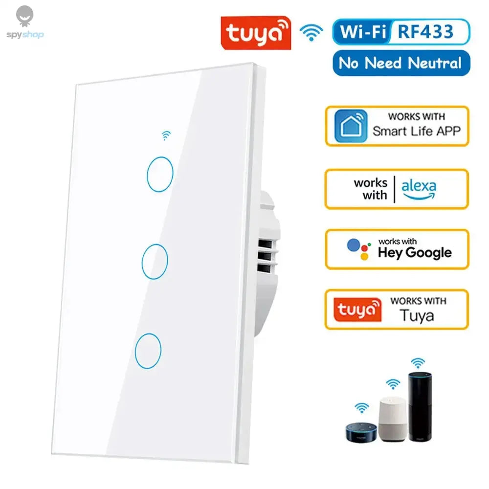 Tuya US WiFi Smart Wall Switch RF433 1/2/3/4 Gang No Neutral Wire Touch Sensor LED Light Switches Smart Home Alexa Google Home Spy-shop.com