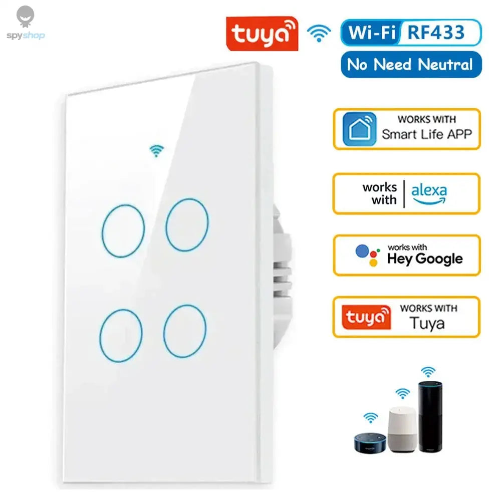 Tuya US WiFi Smart Wall Switch RF433 1/2/3/4 Gang No Neutral Wire Touch Sensor LED Light Switches Smart Home Alexa Google Home Spy-shop.com