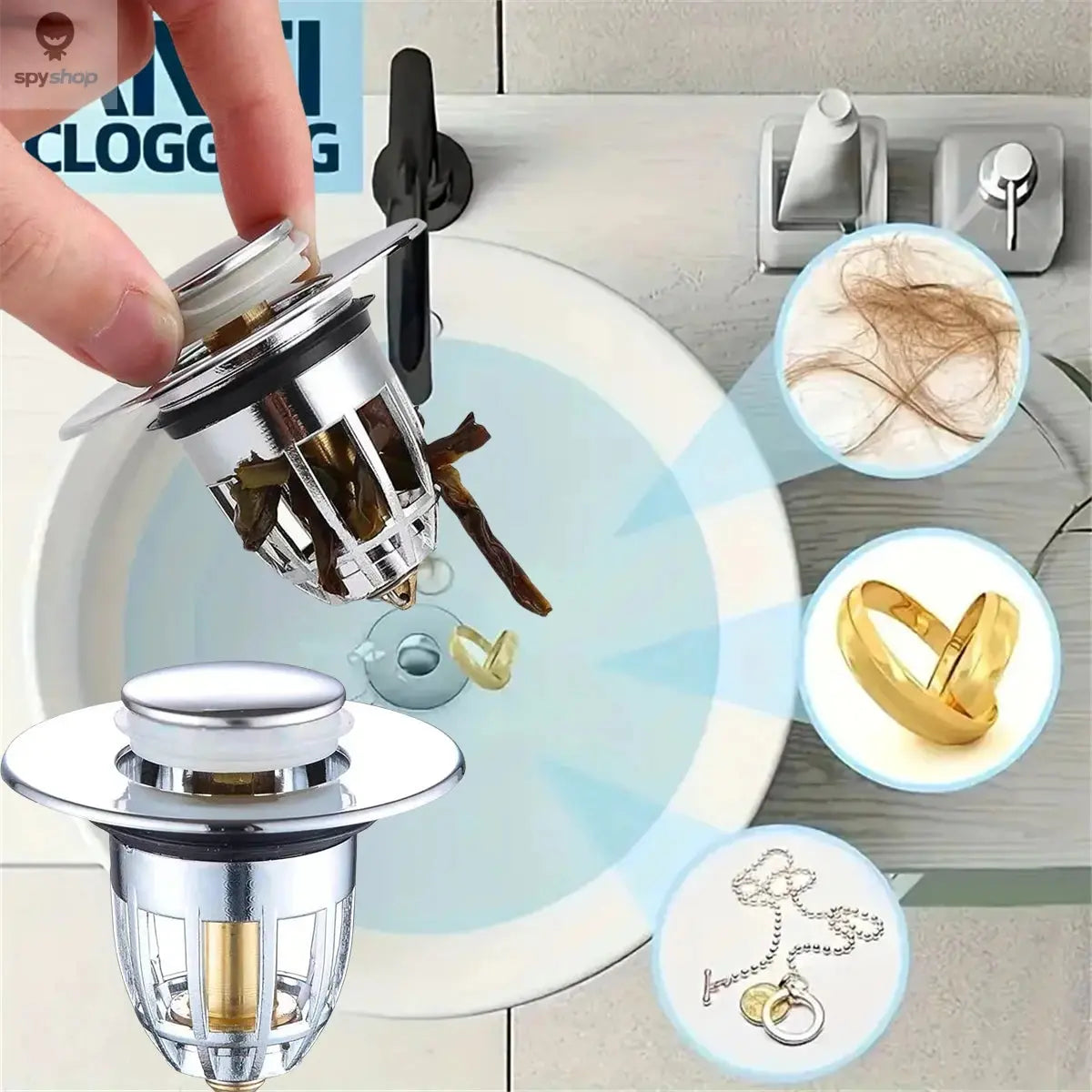 Universal Rebound Drain Plug Filter Basin Pop-up Chrome Sink Filter with Hair Catcher Bathroom Sink Drain Stopper Easy Push Type Spy-shop.com
