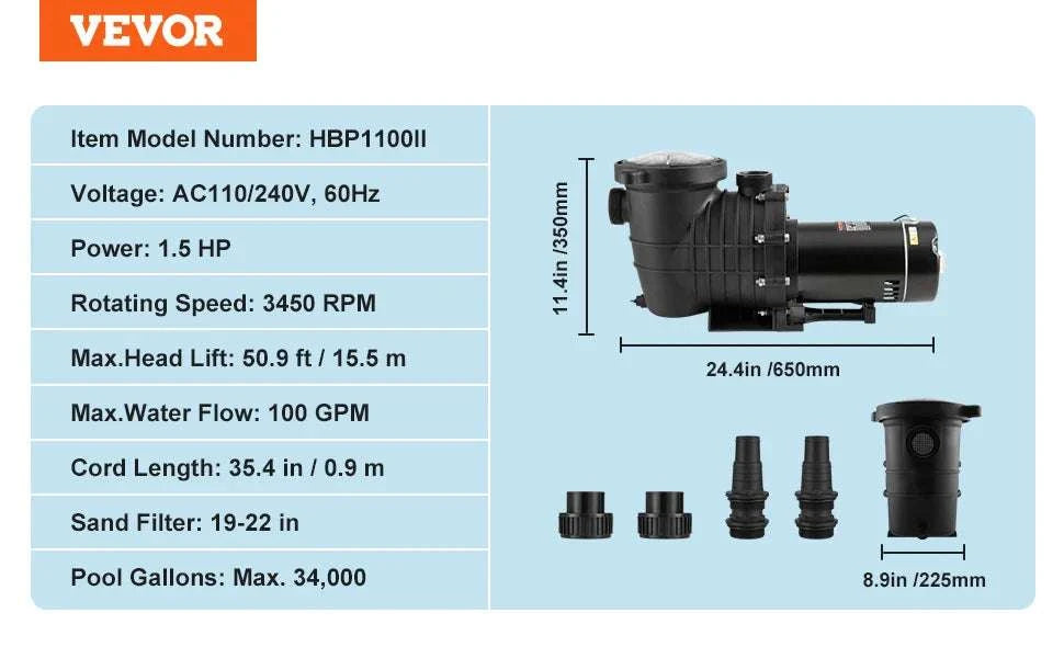 Above Ground Pool Pump 1HP–2HP Single Speed with Filter Basket-1HP AC110V-240V / US / United States