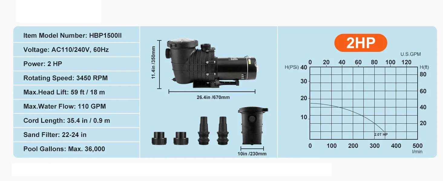 Above Ground Pool Pump 1HP–2HP Single Speed with Filter Basket-1HP AC110V-240V / US / United States