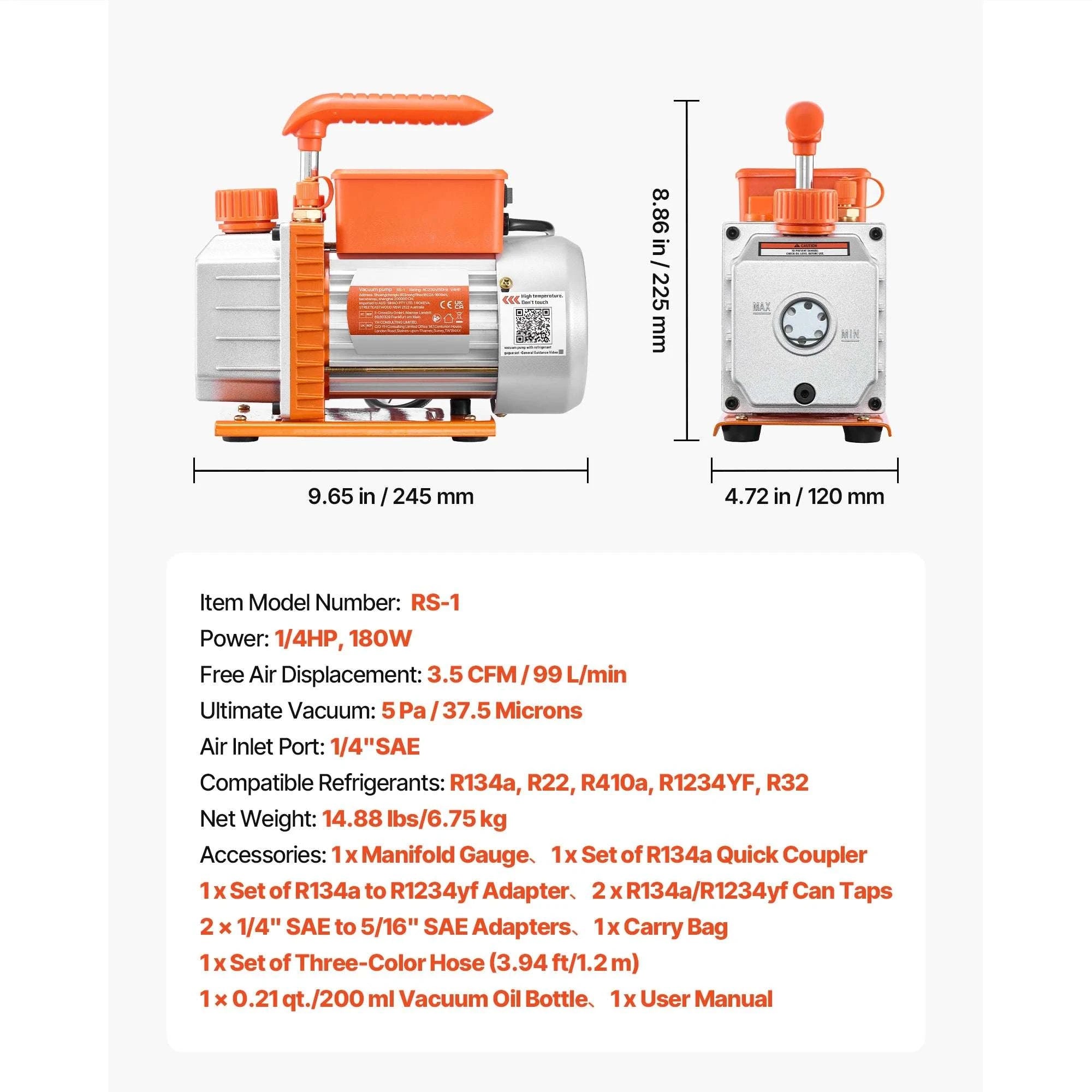 AC Vacuum Pump & Gauge Set 3.5–7 CFM for HVAC & Auto AC-4.5CFM 250W 2 Stage / US / United States