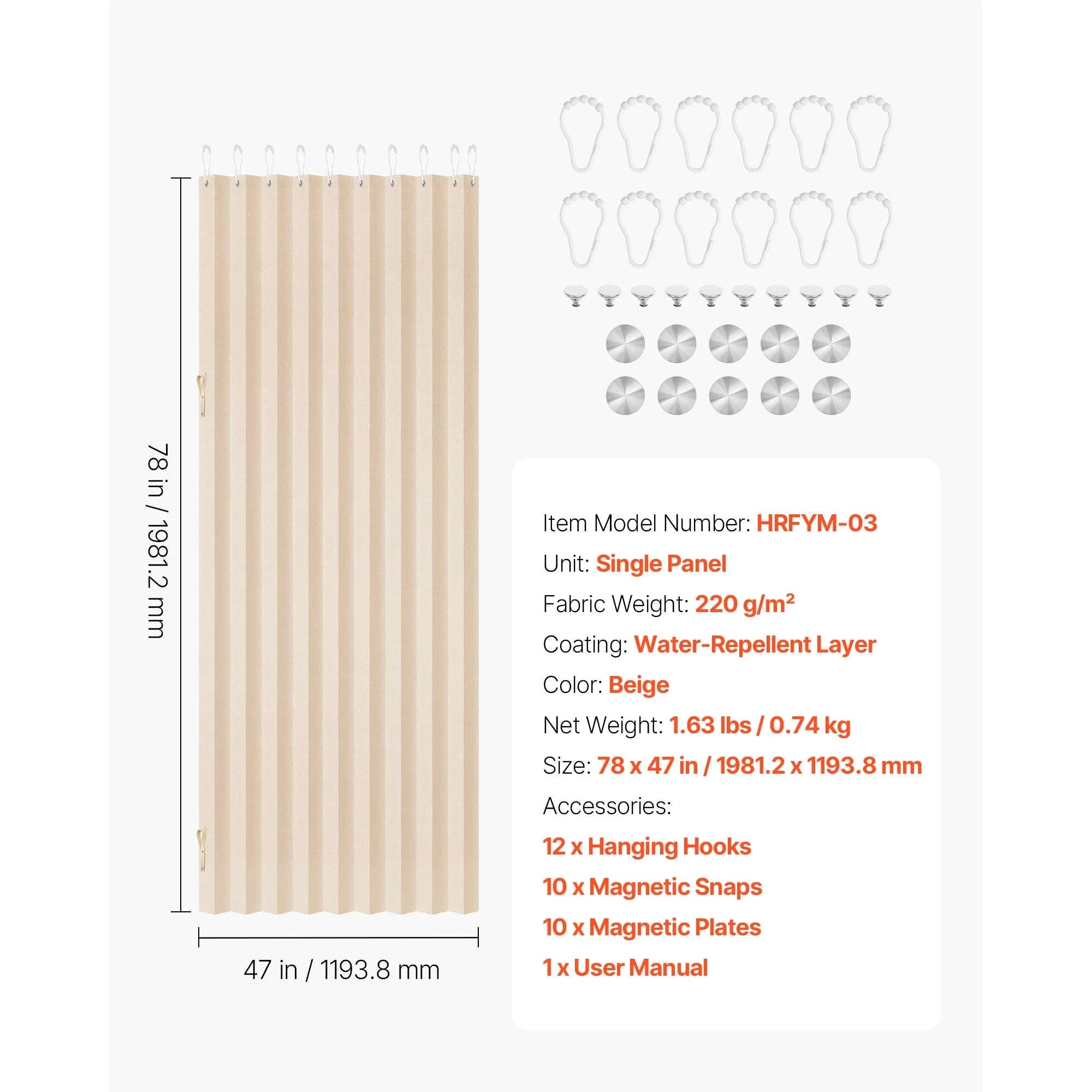 Accordion Door Curtain 47x78 Inch Blackout Folding Magnetic Door Panel-78x47inch / United States
