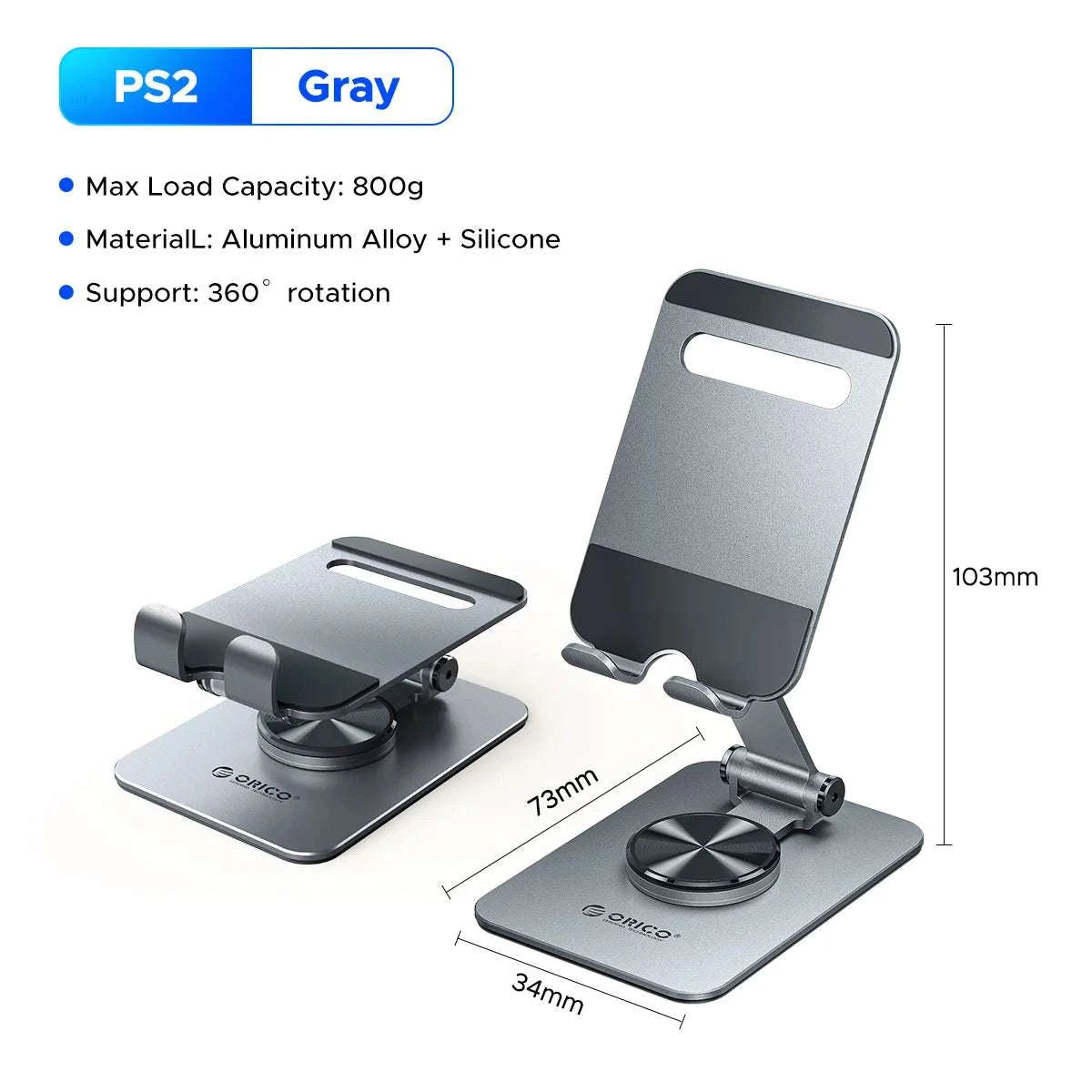 Adjustable Aluminum Phone Stand with 360° Rotation & Foldable Design-Gray