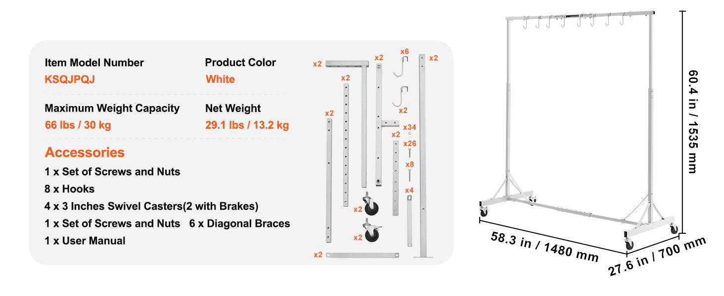 Adjustable Automotive Paint Drying Rack with Hooks & Wheels-66 lbs / United States
