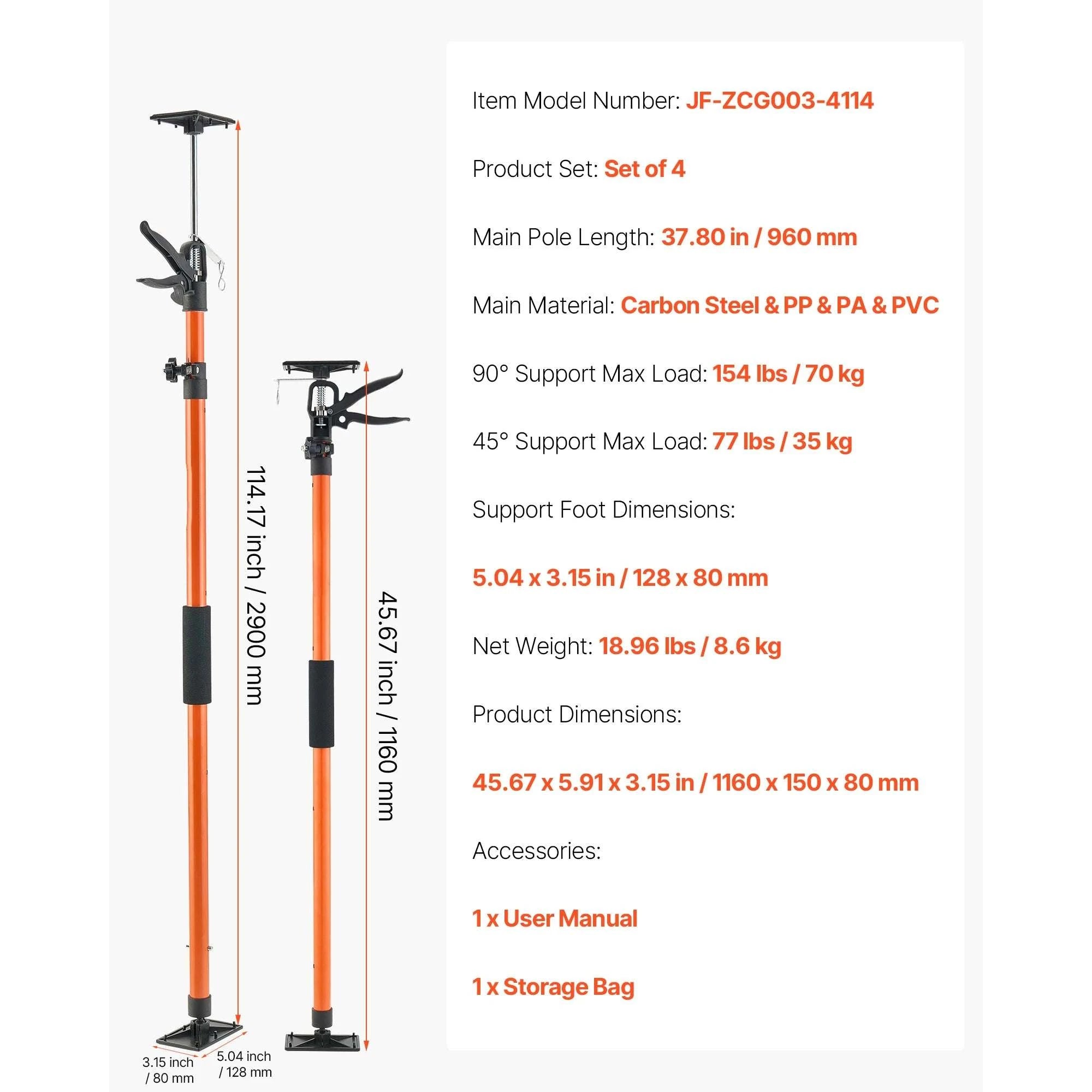 Adjustable Cabinet Jack Support Pole 19–114in Steel Lift Rod-2 pcs 45-114inch / United States