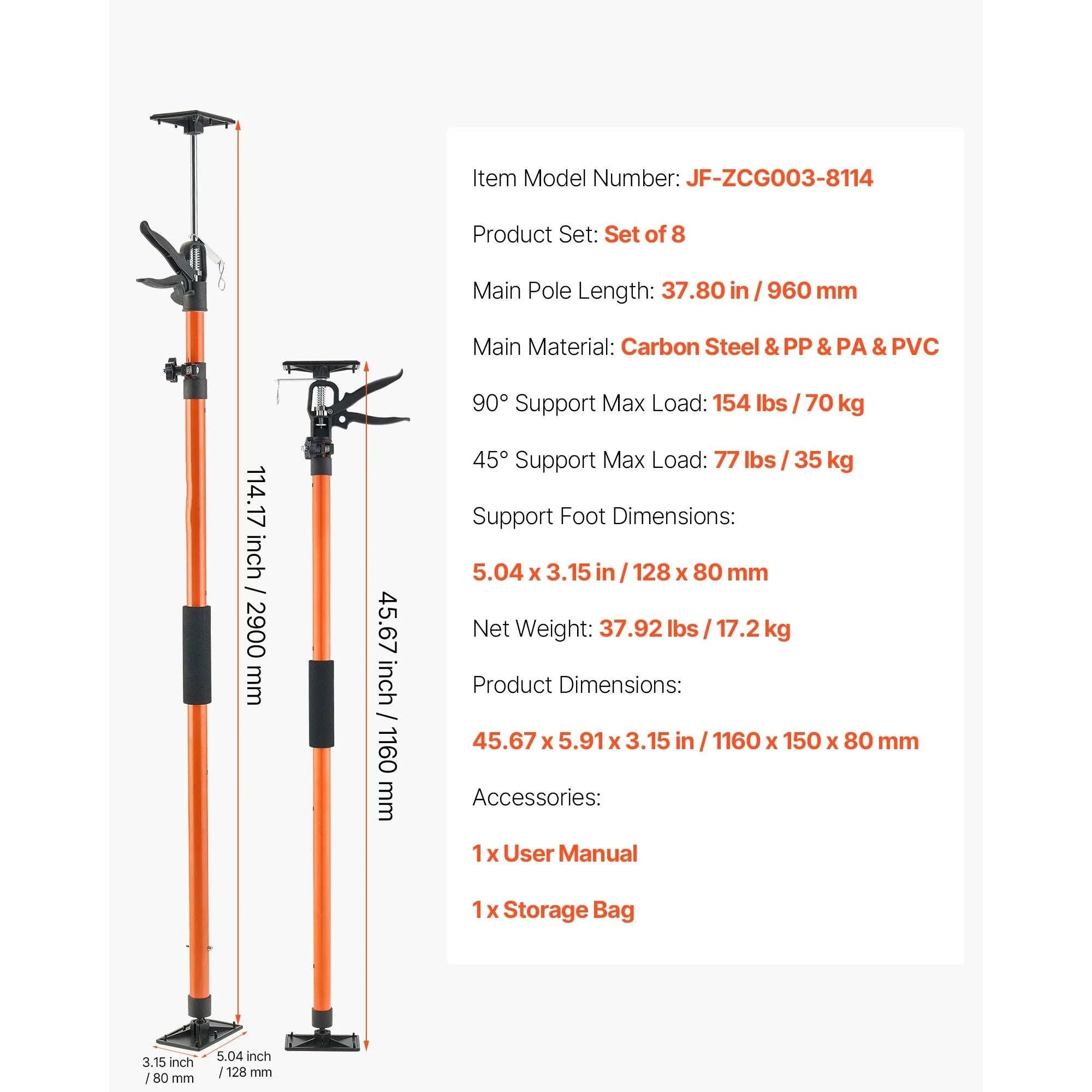 Adjustable Cabinet Jack Support Pole 19–114in Steel Lift Rod-2 pcs 45-114inch / United States