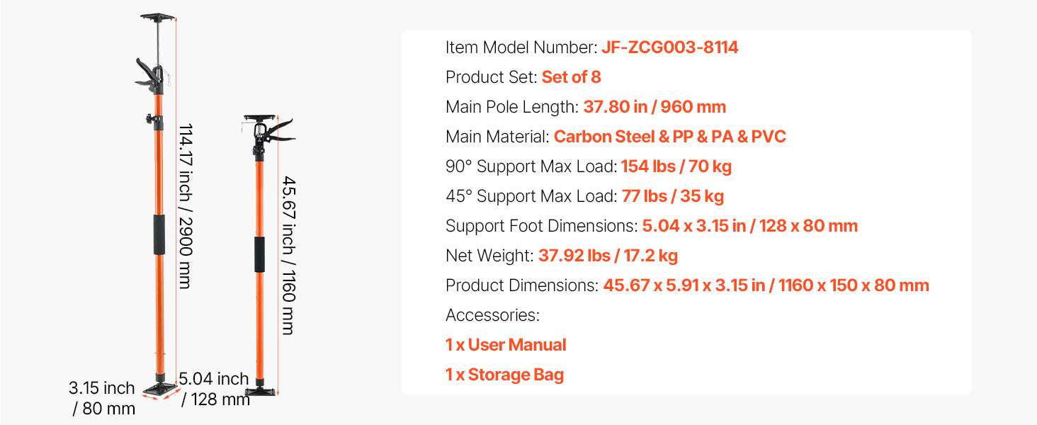 Adjustable Cabinet Jack Support Pole 19–114in Steel Lift Rod-2 pcs 45-114inch / United States