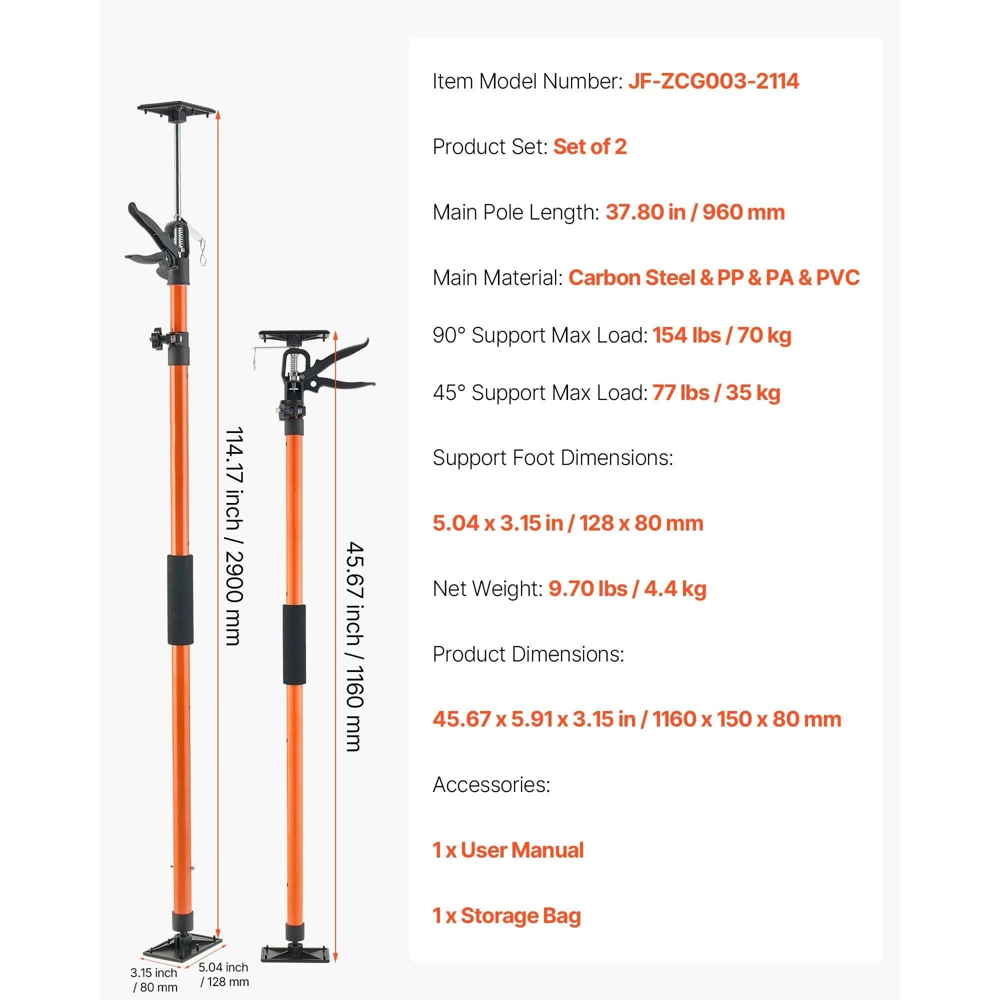 Adjustable Cabinet Jack Support Pole 19–114in Steel Lift Rod-2 pcs 45-114inch / United States