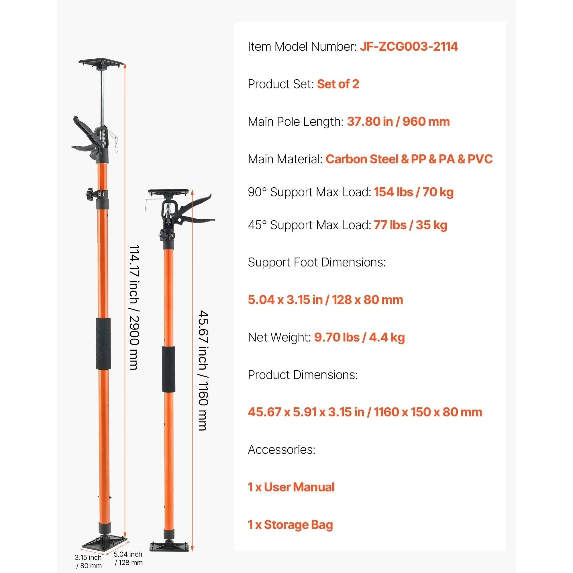 Adjustable Cabinet Jack Support Pole 19–114in Steel Lift Rod-2 pcs 45-114inch / United States