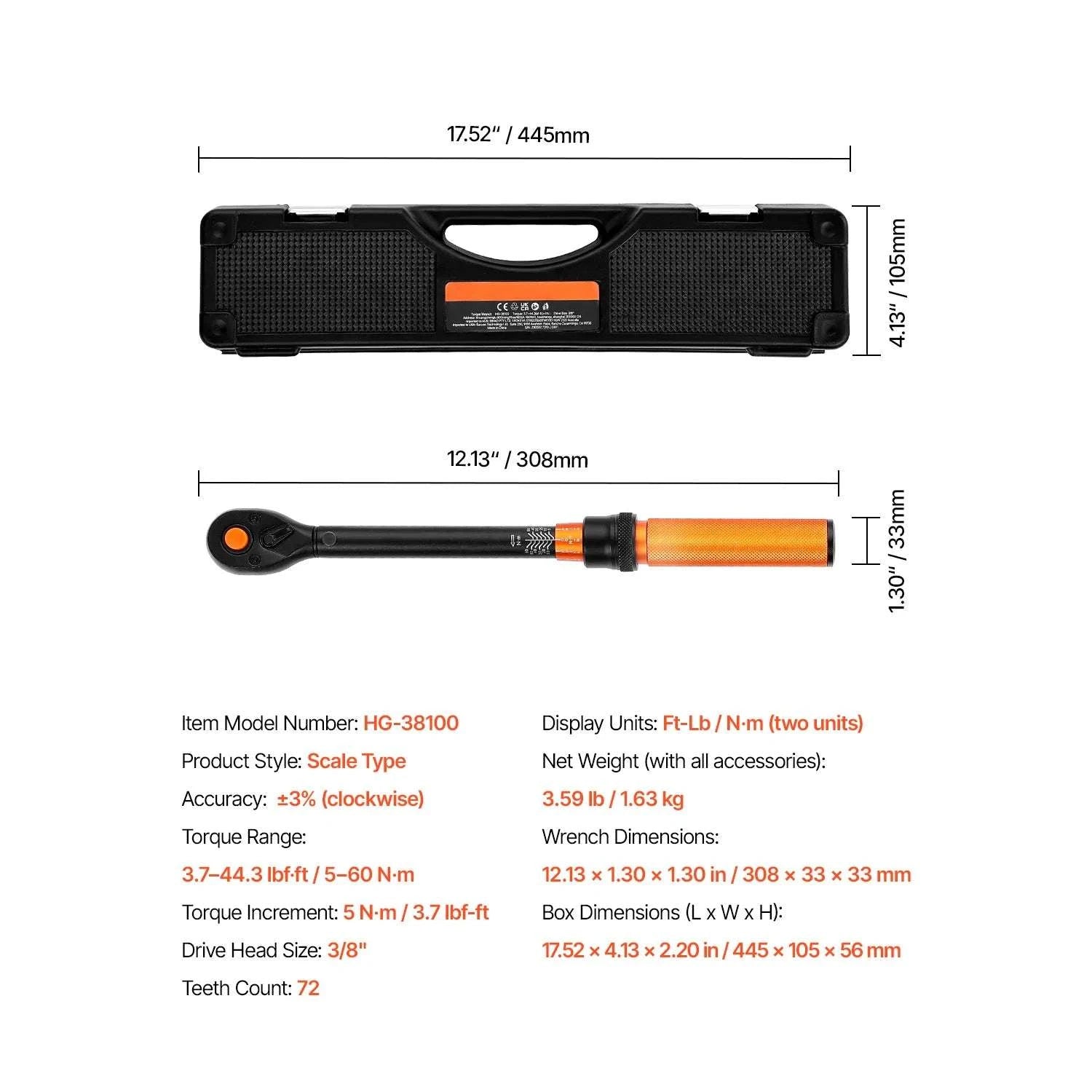 Adjustable Click Torque Wrench Set with Dual Scale Precision-20-200 ft-lb / spain