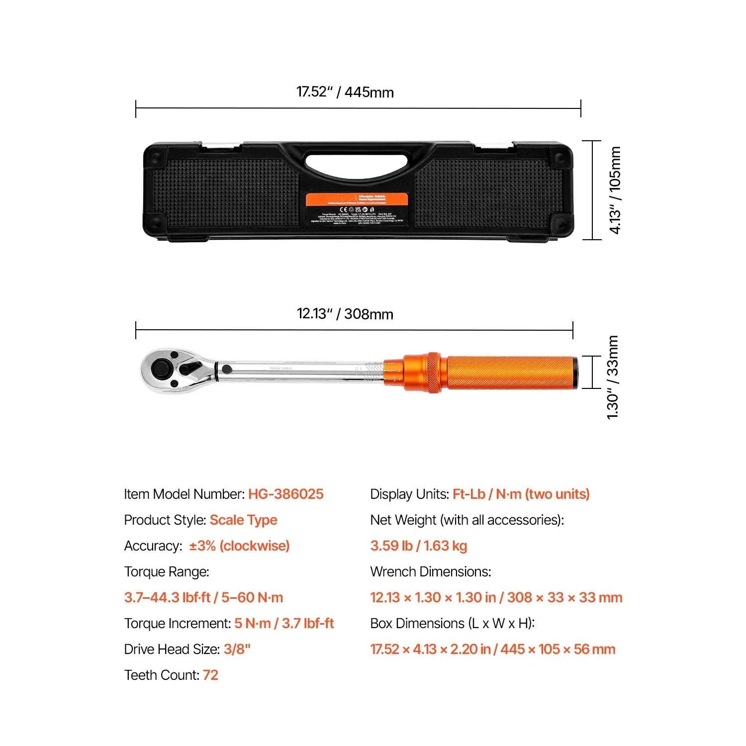 Adjustable Click Torque Wrench Set with Dual Scale Precision-20-200 ft-lb / spain
