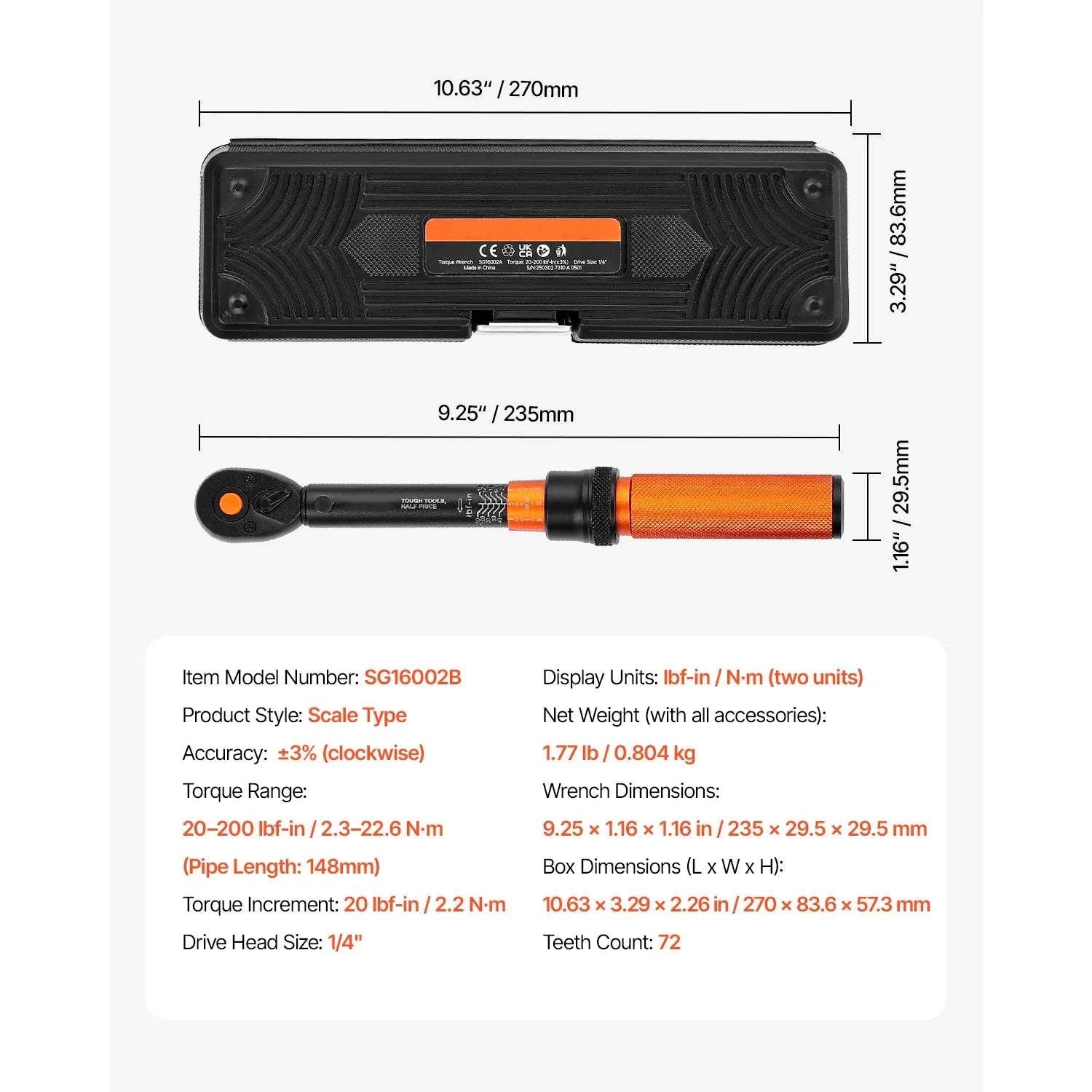 Adjustable Click Torque Wrench Set with Dual Scale Precision-20-200 ft-lb / spain