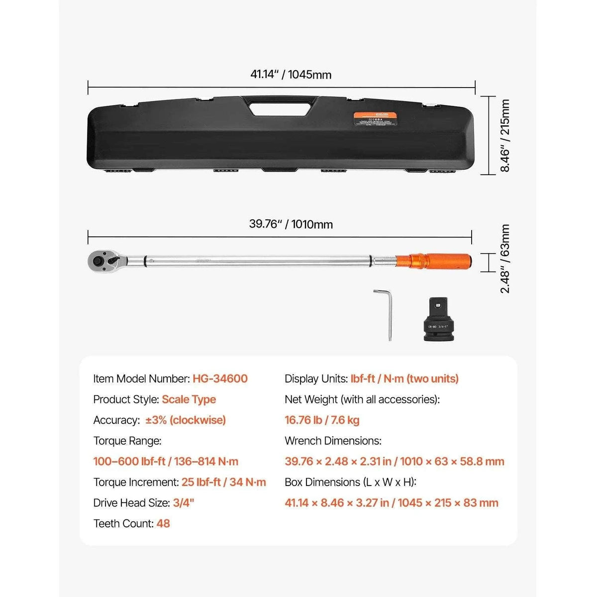Adjustable Click Torque Wrench Set with Dual Scale Precision-3.7-44.3 ft-lb / United States