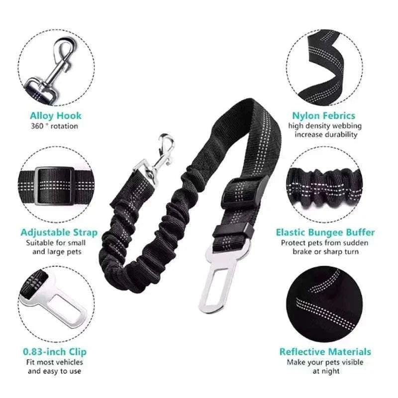 Adjustable Dog Car Safety Belt with Damping and Reflective Line-black