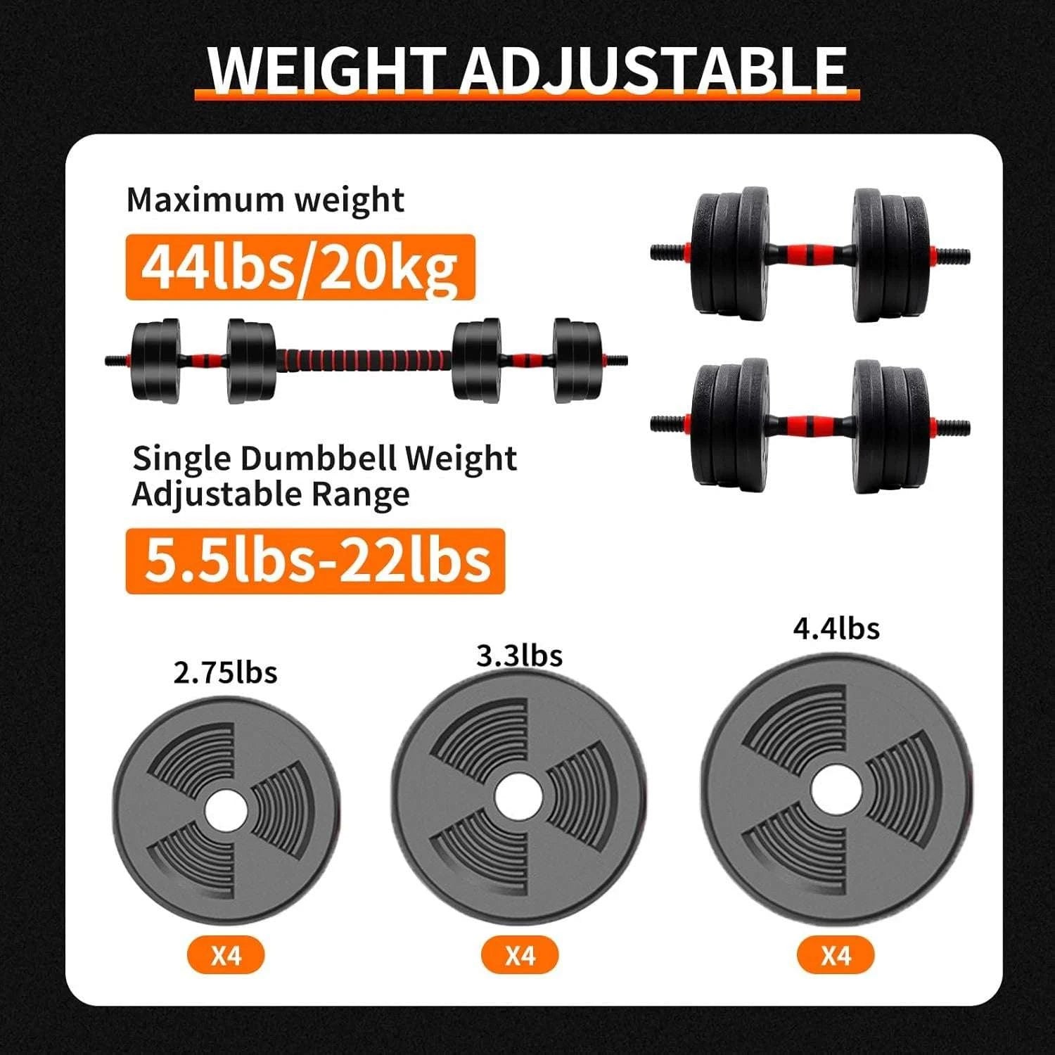 Adjustable Dumbbell to Barbell Set 5–44lbs Home Strength Kit-United States