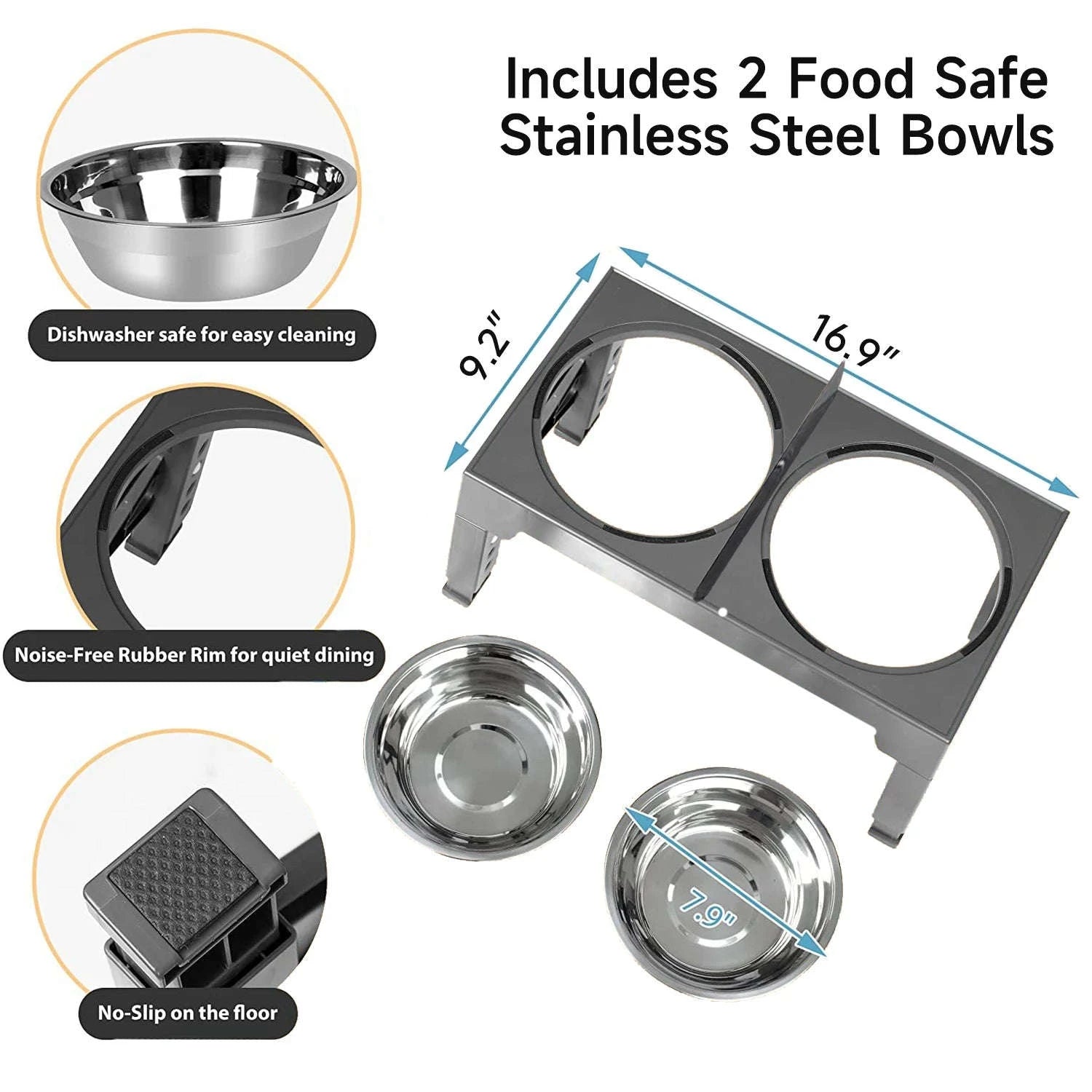 Adjustable Elevated Dog Bowls with Stand and 2x 1100ml Bowls-Type A / france
