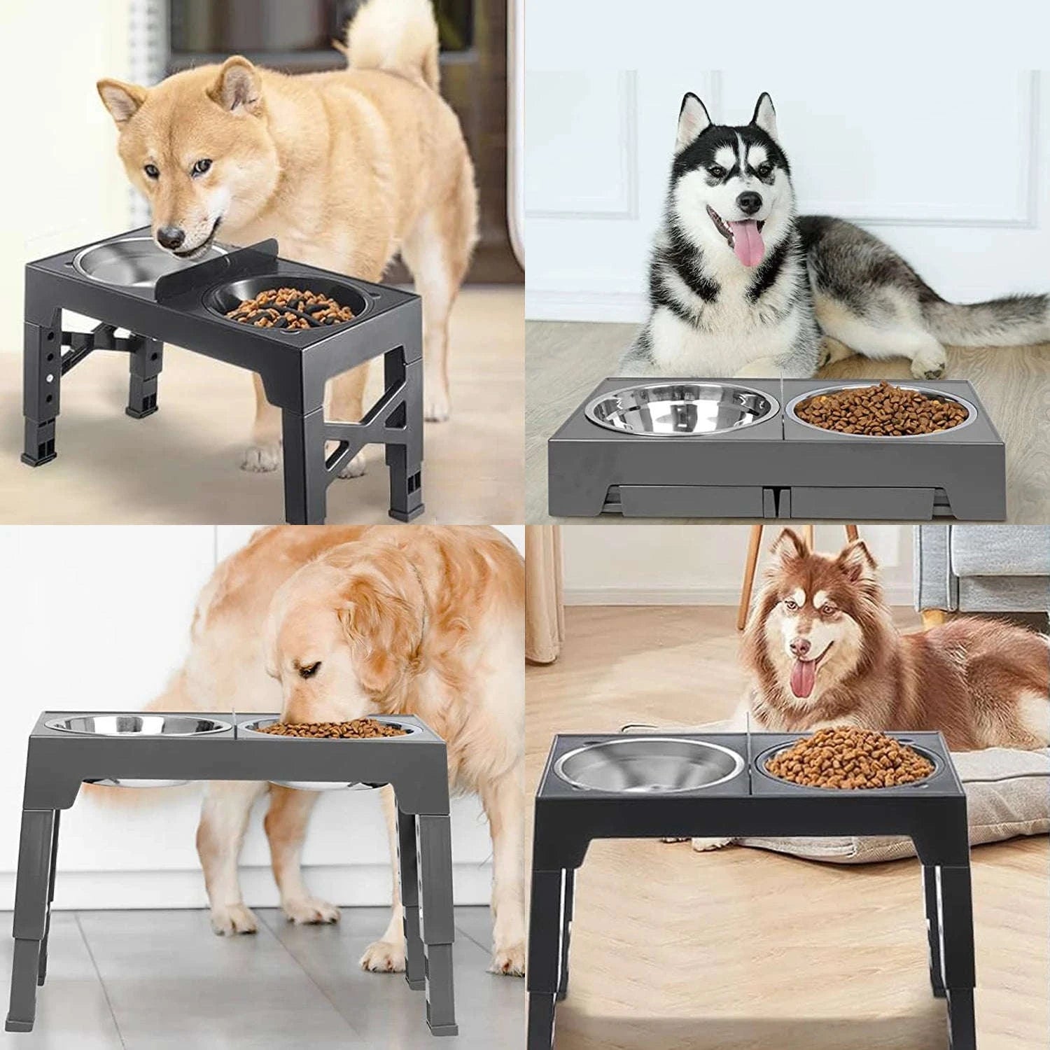 Adjustable Elevated Dog Bowls with Stand and 2x 1100ml Bowls-Type A / france