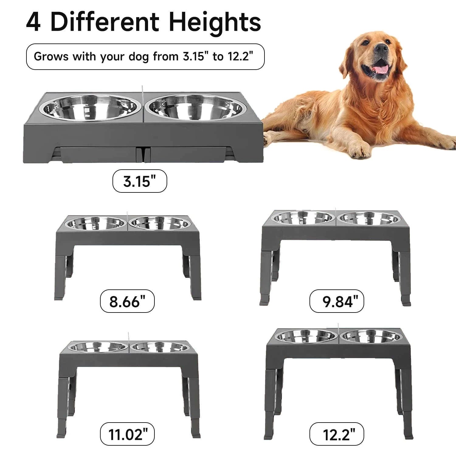 Adjustable Elevated Dog Bowls with Stand and 2x 1100ml Bowls-Type A / france